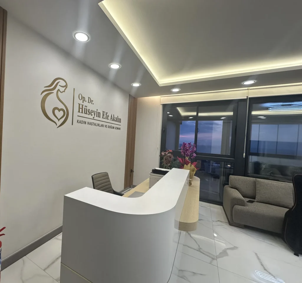 Clinic waiting area and reception desk with large windows