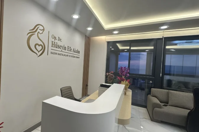 Clinic waiting area and reception desk with large windows